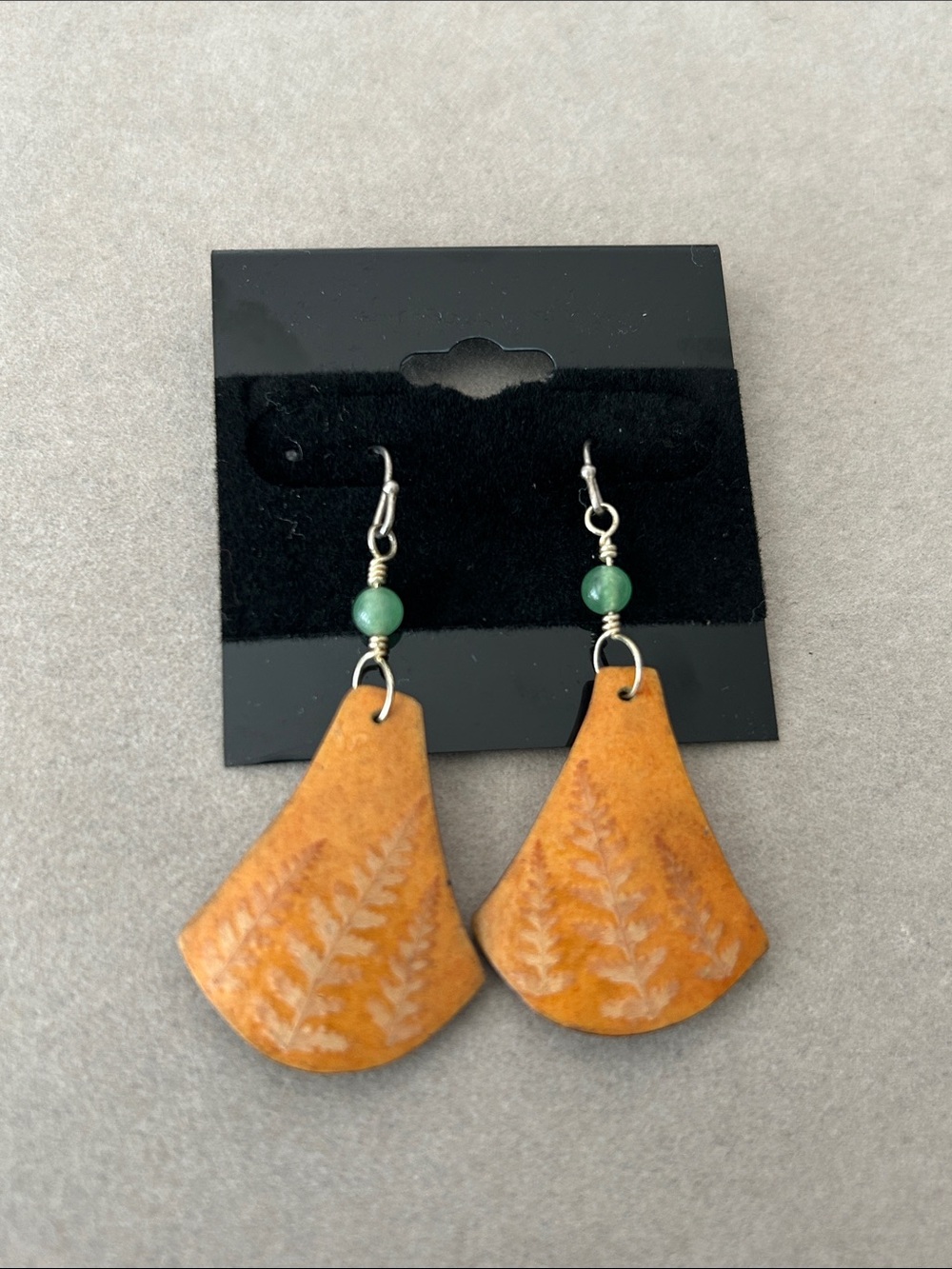 Handcrafted Brown Fern Pattern Drop Earrings with Green Bead